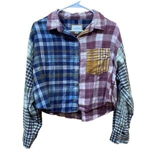 American Eagle Womens Plaid Mixed Patchwork Long‎ Sleeve Button Down Crop Top S
